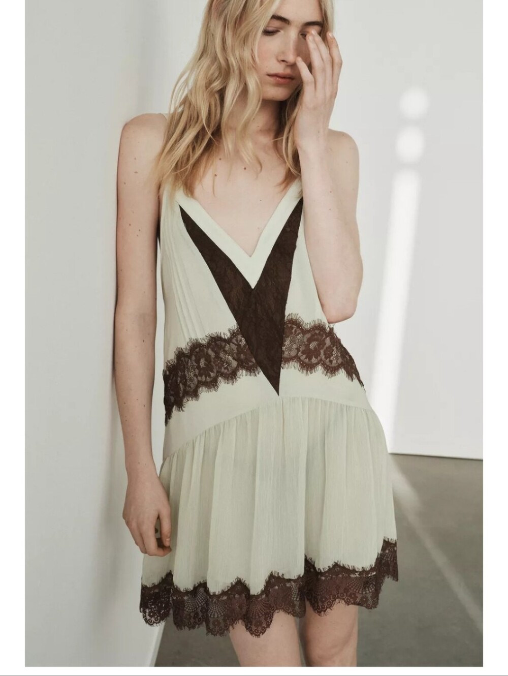Zara Cream Slip Dress with Dark Brown Lace Insets
